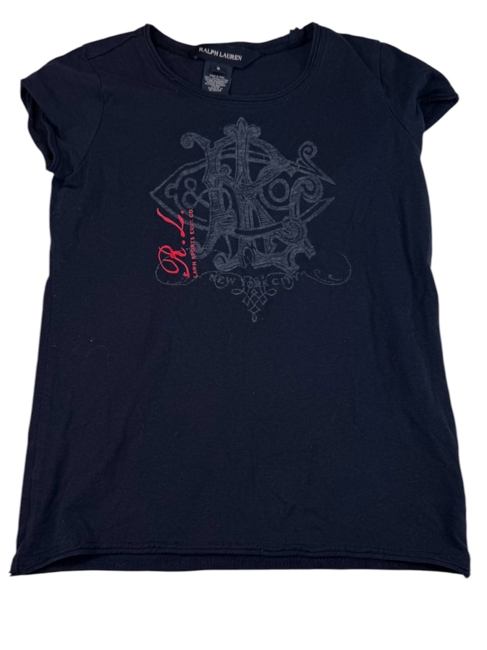 Ralph Lauren T Shirt Girl Sz 6 Blue Cotton Graphic Logo Tee Stretch Preppy Y2K